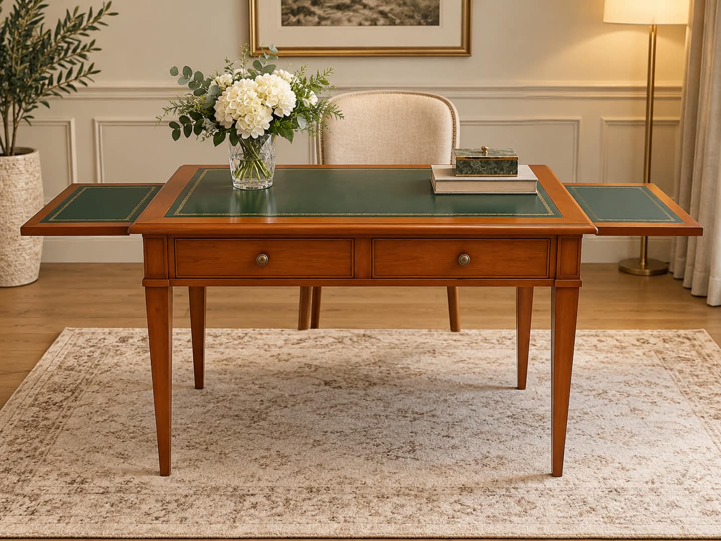 Bureau plat en merisier massif d’esprit Directoire, sous-main de cuir vert à filet doré, deux tirettes de cuir sorties aux extrémités, deux tiroirs à boutons de laiton et pieds gaine