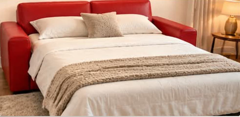 Le même canapé en cuir rouge déplié en lit double, garni de draps blancs, d’oreillers et d’un plaid