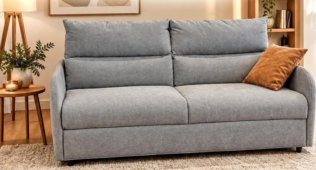Canapé convertible en tissu gris chiné, accotoirs arrondis, deux coussins d’assise et dossier à double coussin, dans un salon