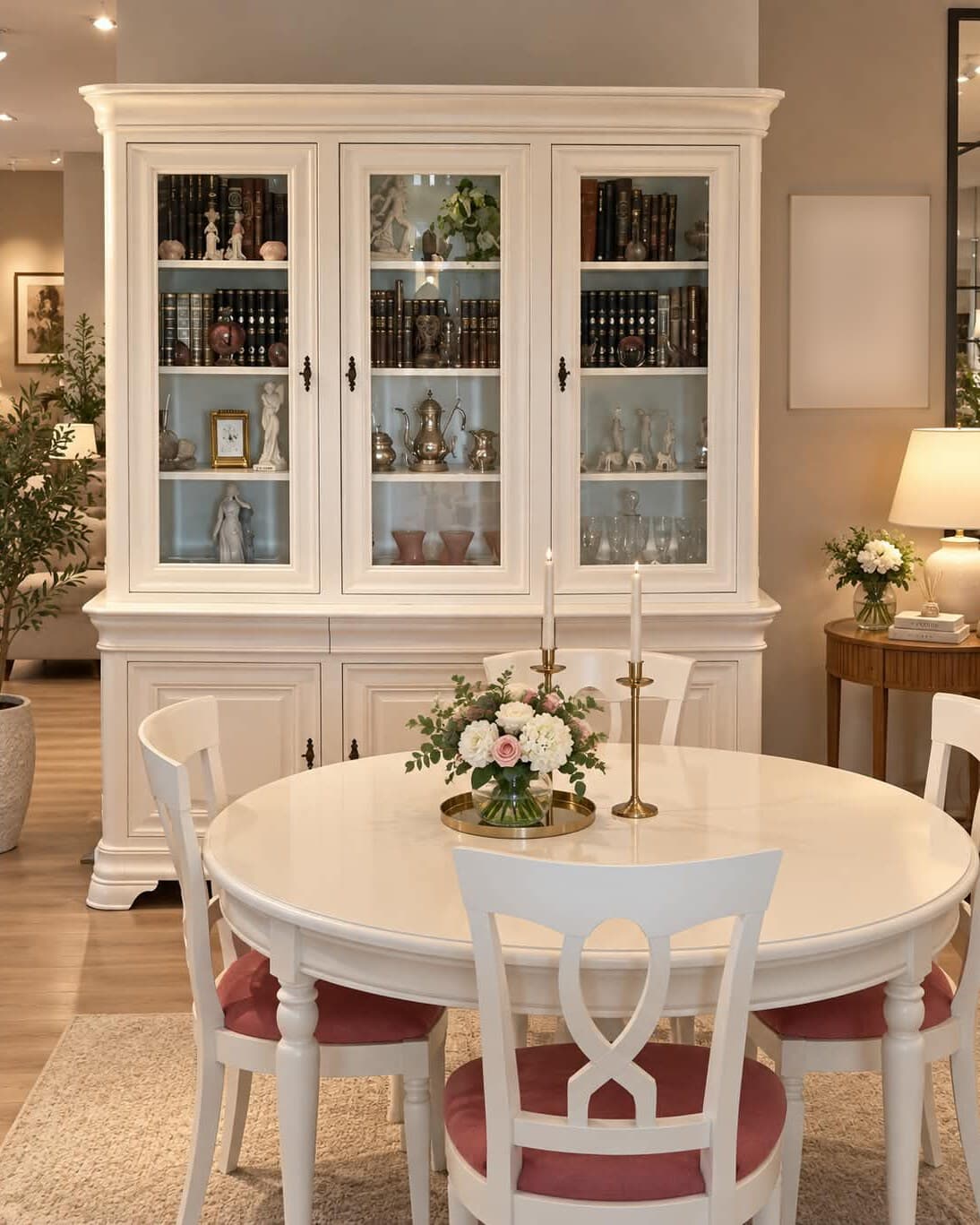 Même bibliothèque deux corps en version laquée blanc, utilisée en vitrine de salle à manger derrière une table ronde et ses chaises blanches