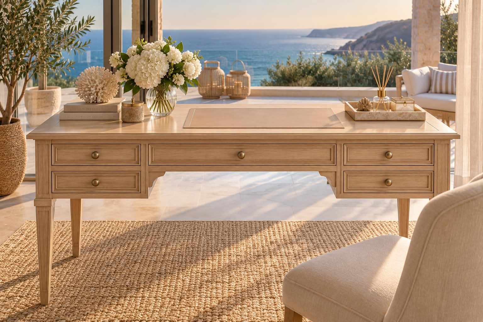 Bureau plat en chêne massif clair à cinq tiroirs moulurés et sous-main de cuir naturel, pieds fuselés, installé face à une terrasse ouverte sur la mer