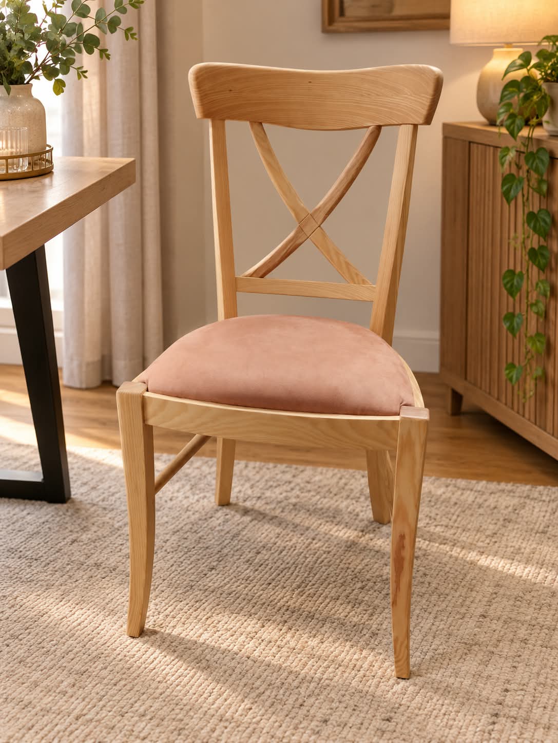 Chaise en chêne massif clair à dossier en bandeau cintré et croisillon en X, assise garnie de velours vieux rose, pieds avant galbés