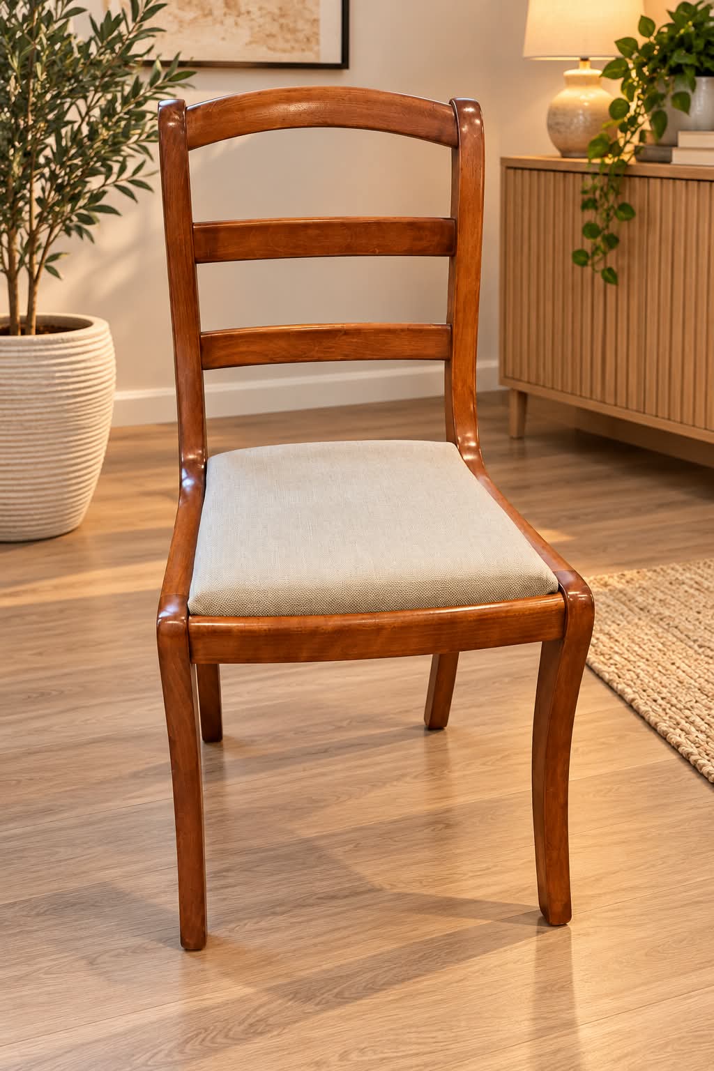 Chaise en merisier massif d’esprit Restauration, dossier à bandeau cintré et deux barrettes, assise garnie de tissu effet lin, pieds avant galbés