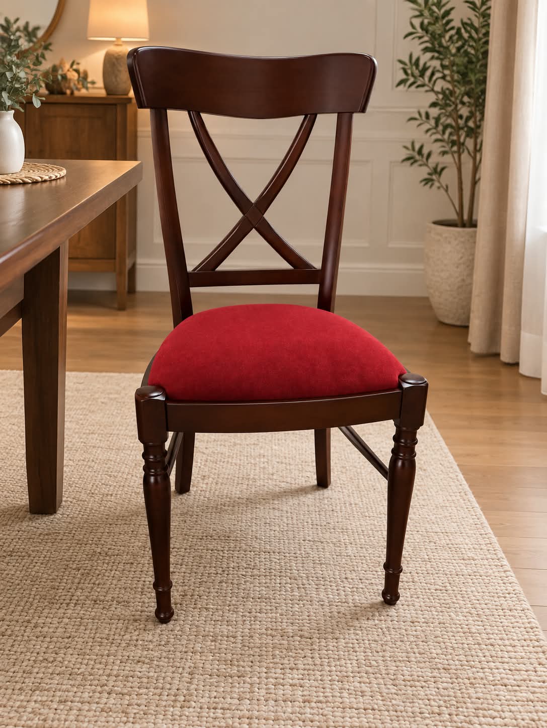 Chaise en merisier massif foncé à dossier en bandeau cintré et croisillon en X, assise garnie de velours rouge, pieds avant tournés en balustre