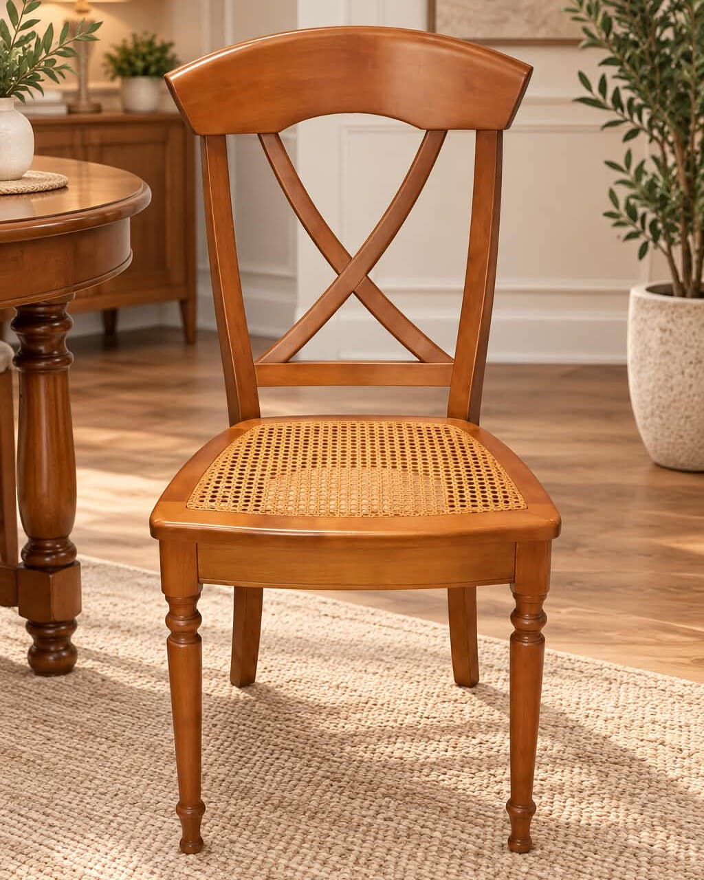 Même chaise à croisillon en merisier clair, assise cannée à la main, pieds avant tournés en balustre, près d’une table ronde