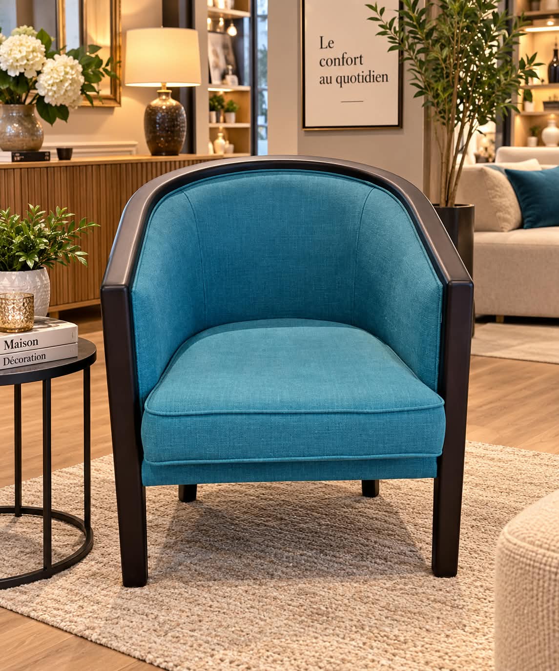 Fauteuil Art déco au dossier corbeille, tissu bleu canard et montants laqués noir, vue d'ensemble sur pieds fuselés
