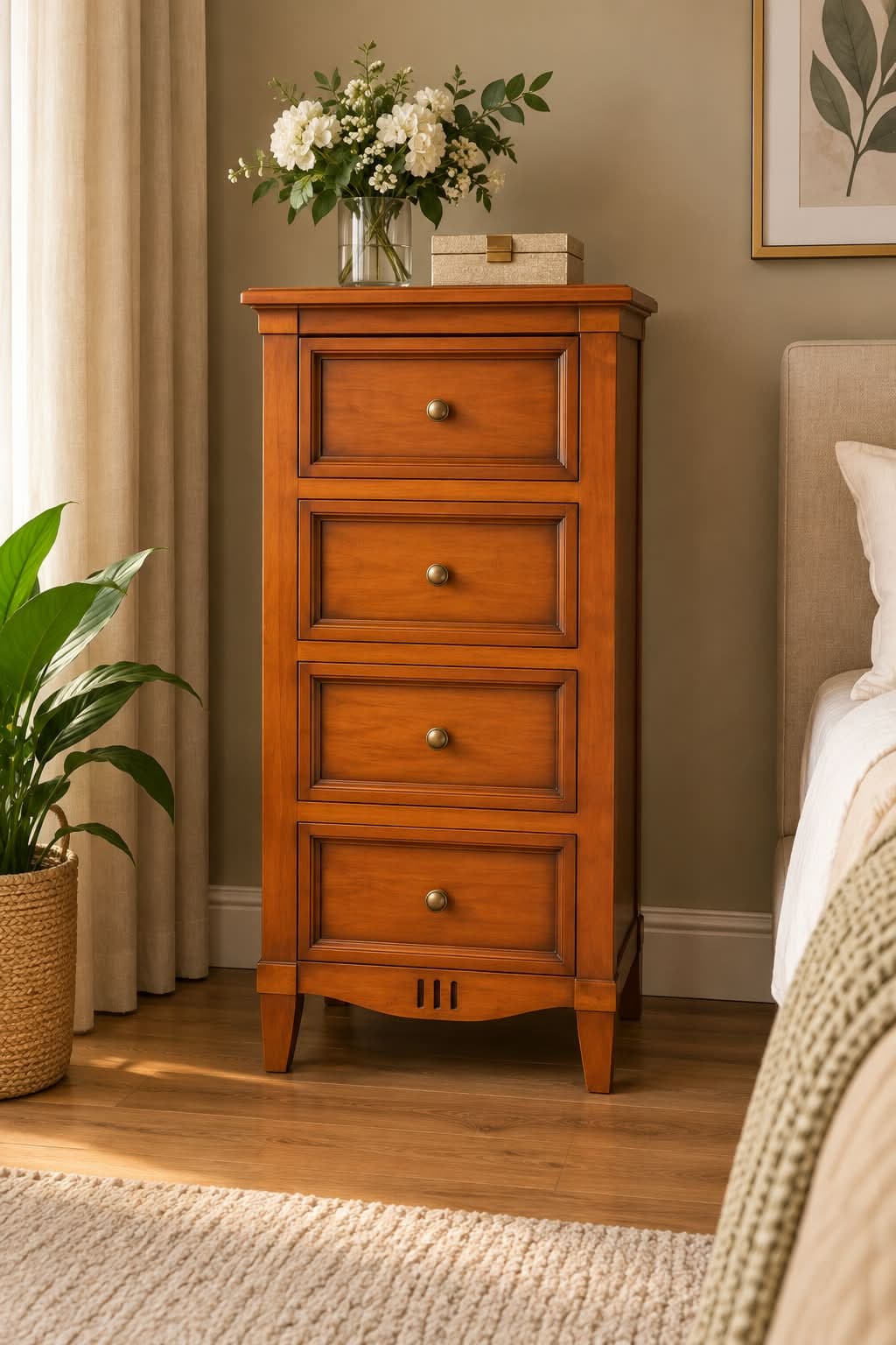 Chiffonnier Directoire en merisier massif dans une chambre : quatre tiroirs à panneaux moulurés et boutons de laiton, montants à pans coupés, tablier cannelé et pieds gaine