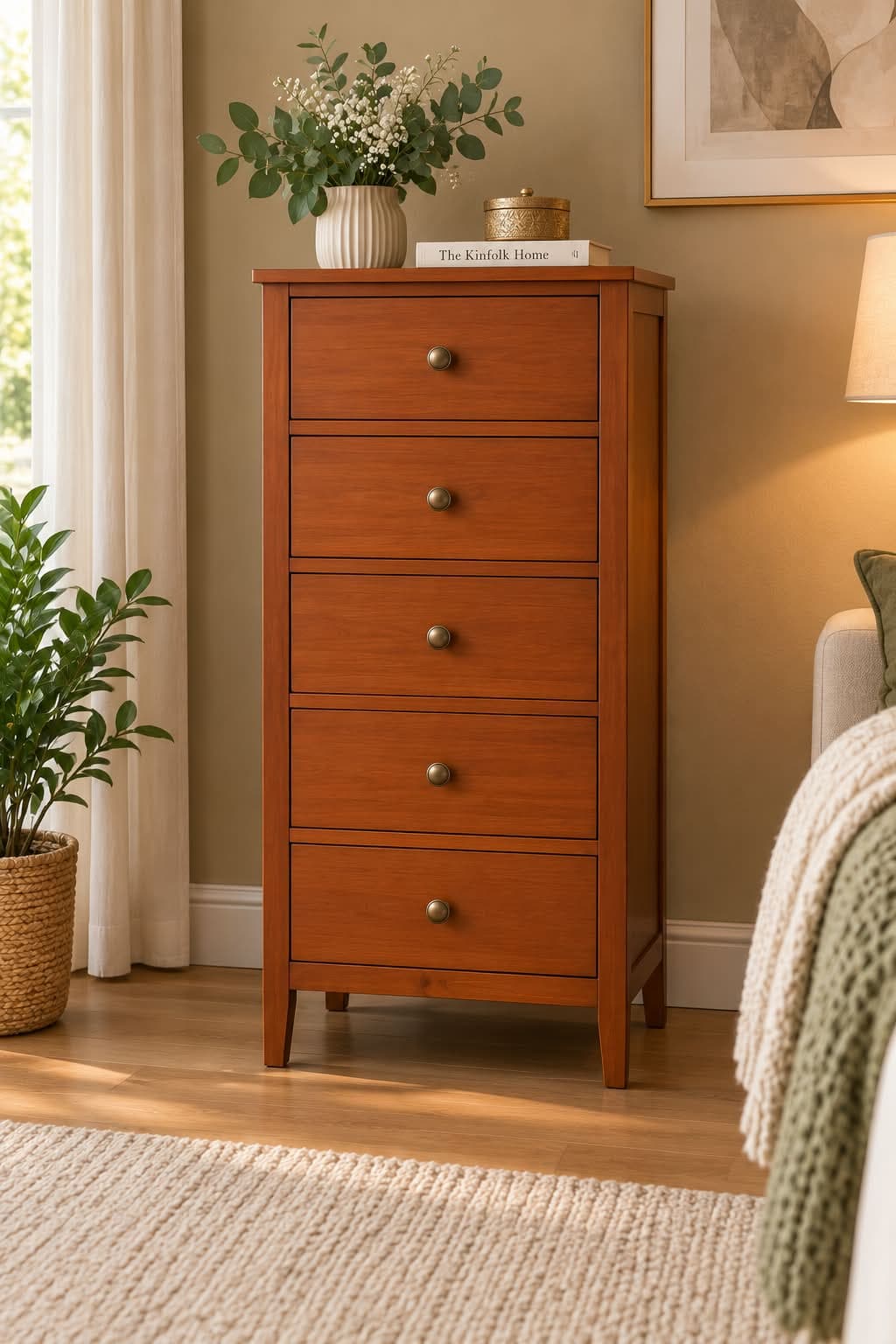 Chiffonnier en merisier massif à cinq tiroirs lisses et boutons ronds en laiton, plateau à cadre et pieds droits, dans une chambre