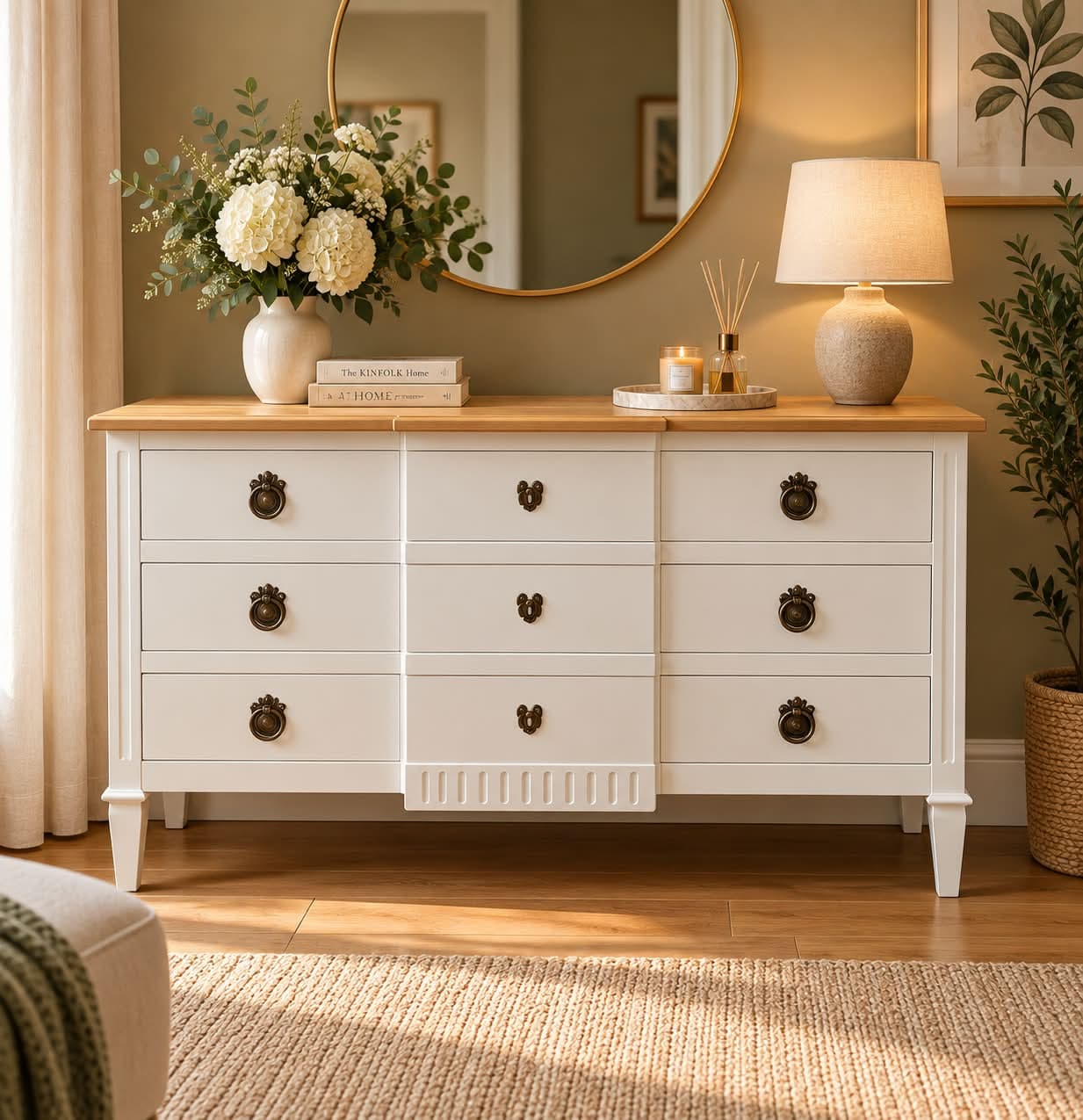 Même commode Directoire en version laquée blanche à plateau en bois naturel, neuf tiroirs à ressaut central, poignées à anneau en bronze patiné, dans une chambre