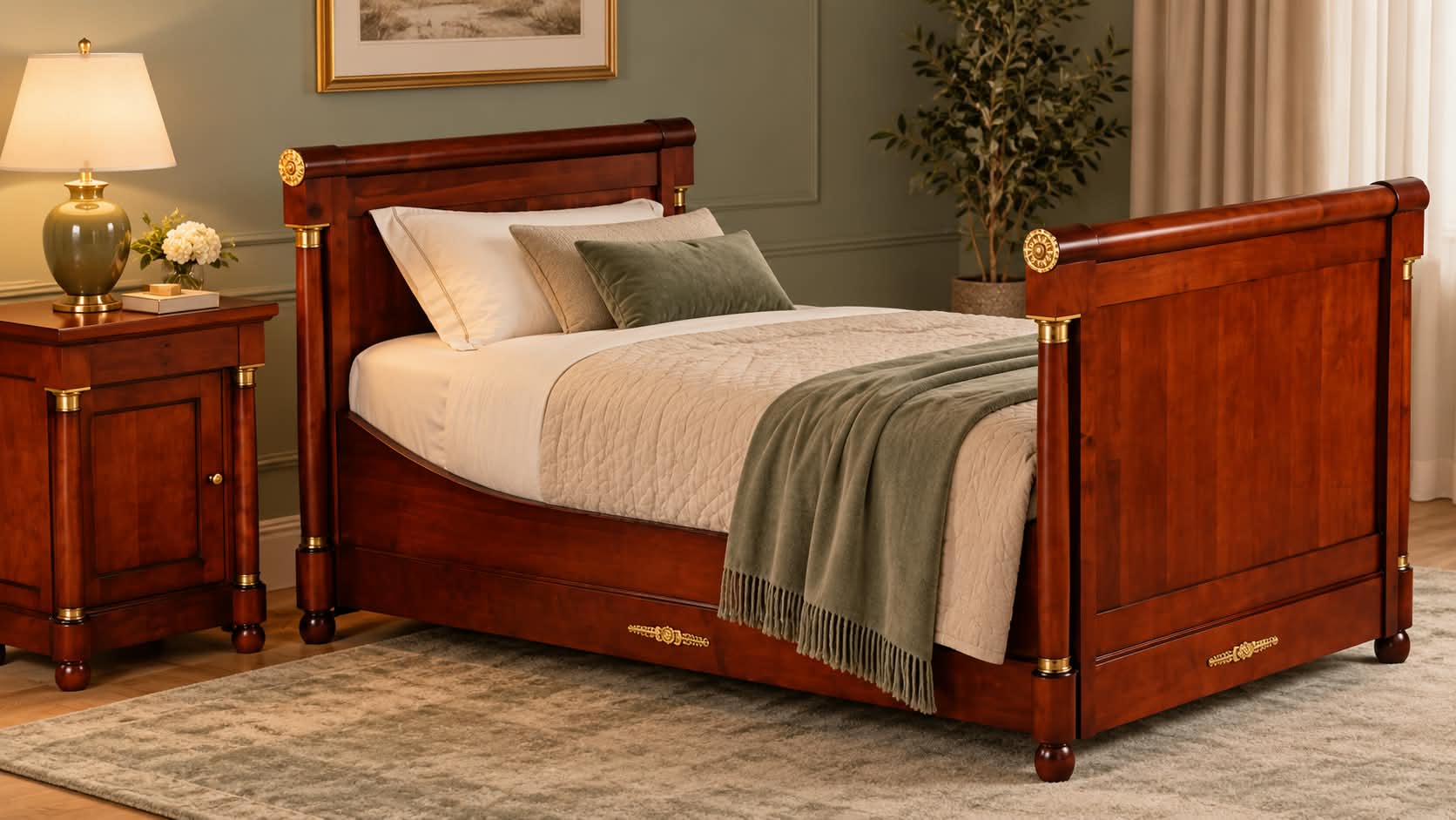 Chambre avec le lit Empire en merisier et un chevet Empire assorti à colonnes baguées de laiton